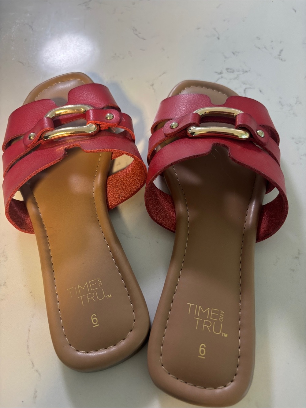 Time and Tru Red Slide Sandals with Gold Accent